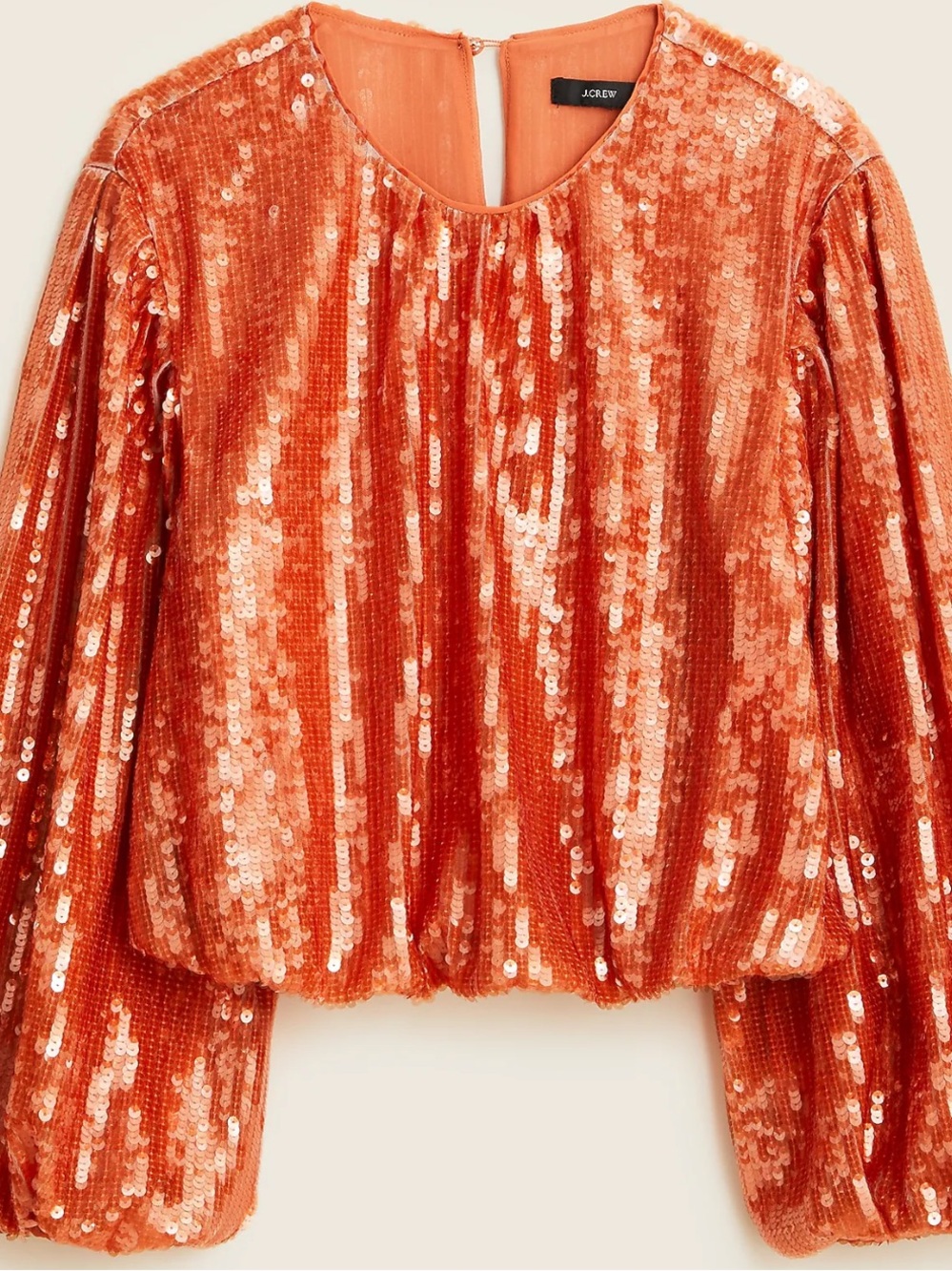J Crew Vibrant Orange Bubble Sleeve Sequin Top Size Medium Cropped Cinched Hem